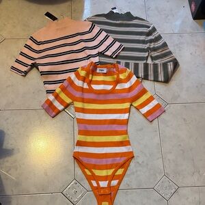 Knit Tops Pink Green short + long  sleeve Orange and White Striped Bodysuit
